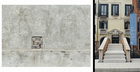 A sinistra Immagine della mostra, a destra ingresso della Fondazione Querini Stampalia