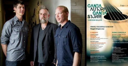 On the left/A sinistra: Ches Smith, Craig Taborn, Mat Maneri; on the right/a destra: poster of the event/locandina dell'evento