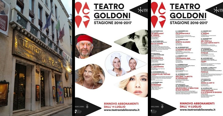 A sinistra facciata del Teatro Goldoni, al centro e a destra locandina stagione2016/17